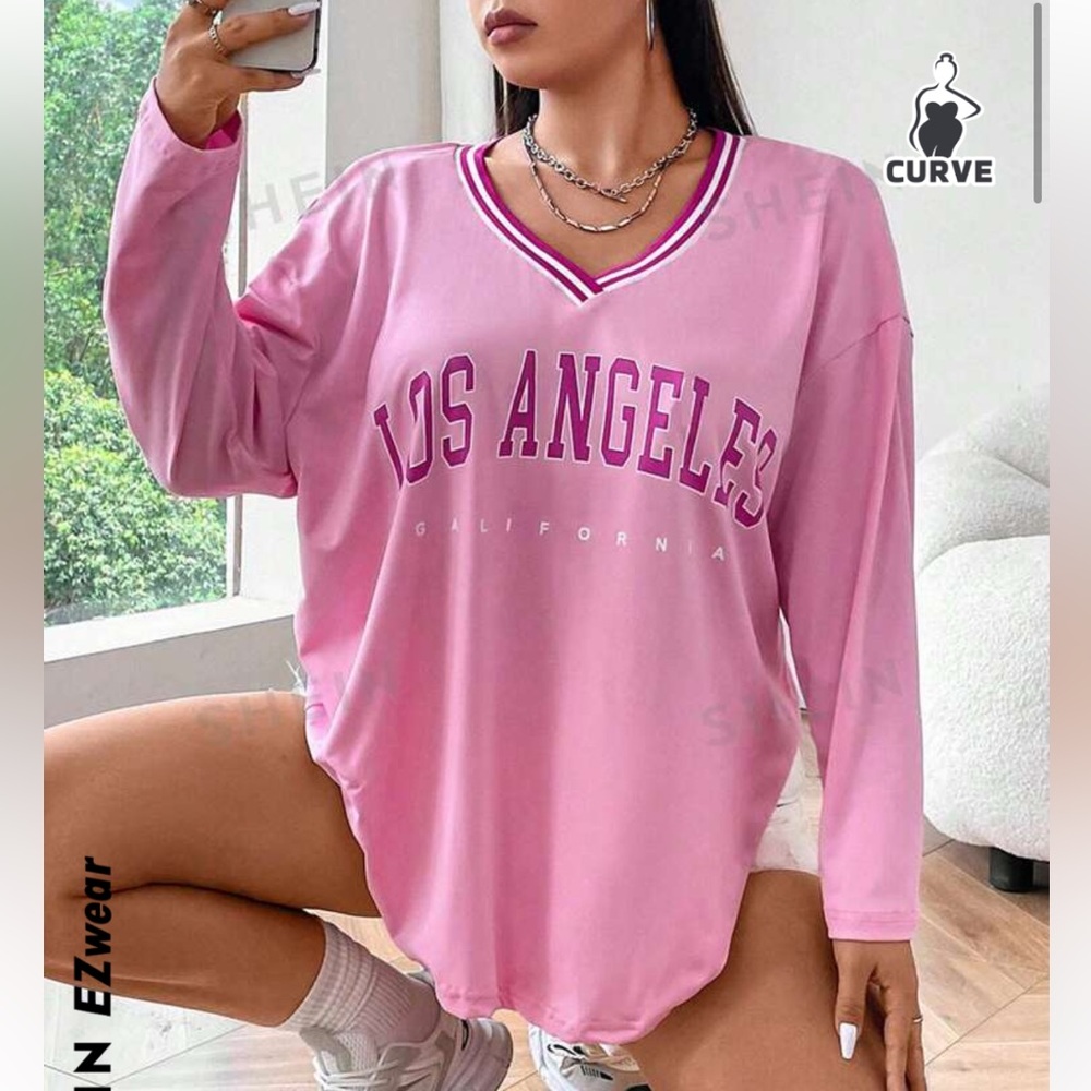 Los Angeles Pink V-Neck Long Sleeve Top - Curve - Picture 1 of 2